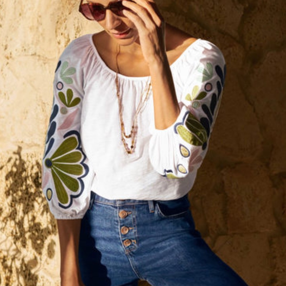 Boden Hayden Embroidered Jersey Top White, size 2